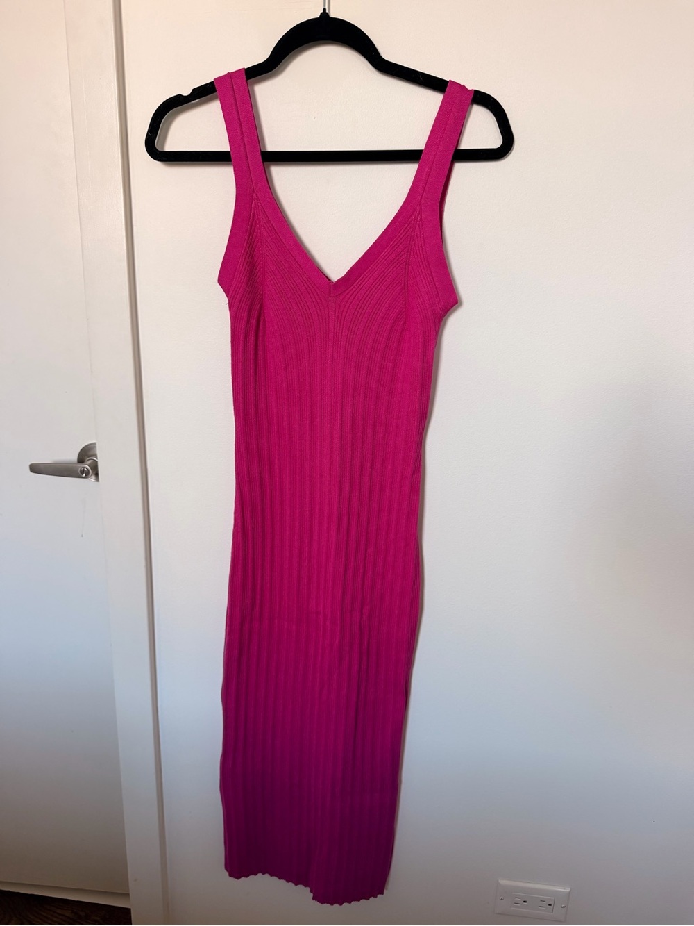 Fitted Ribbed V-Neck Sweater Midi Dress - Hot Pink